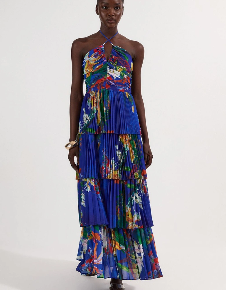 Tropical Georgette Crinkle Tiered Halterneck Midi Dress
