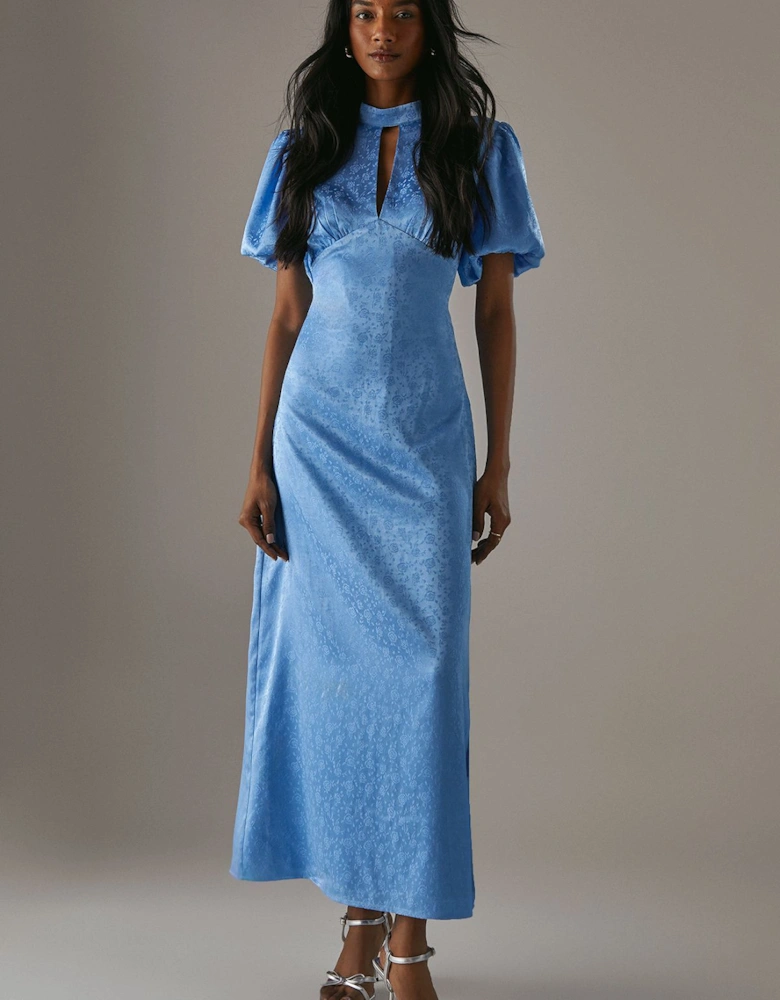 Rose Satin Jacquard Puff Sleeve Tie Back Midi Dress