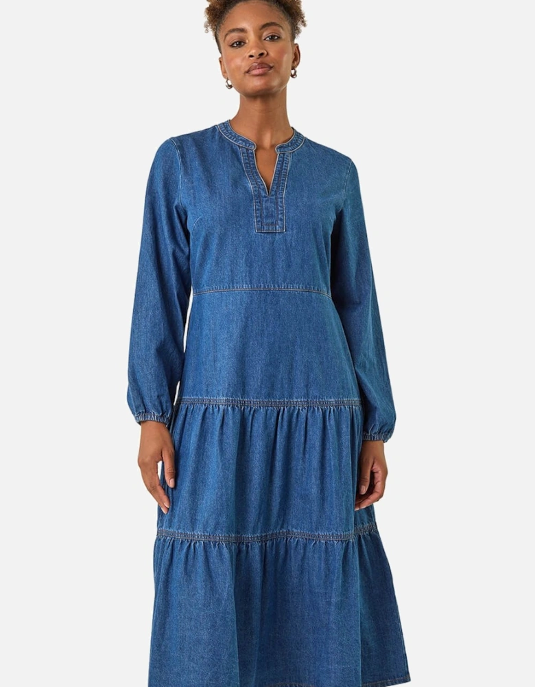 Cotton Denim Tiered Midi Dress