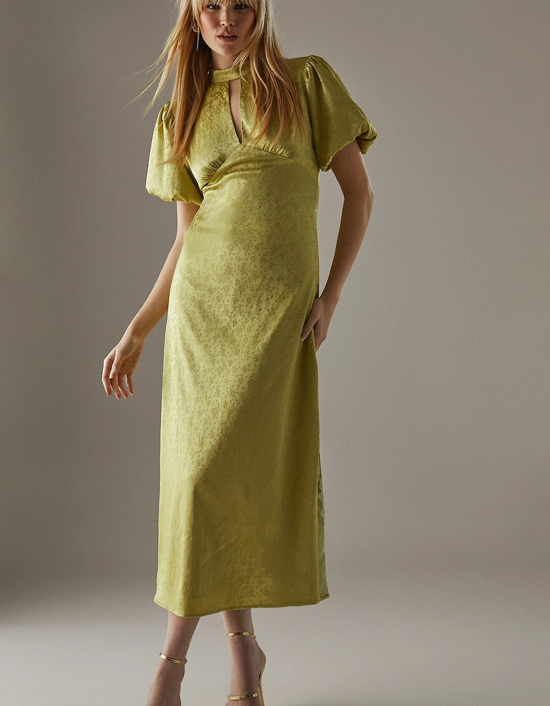 Rose Satin Jacquard Puff Sleeve Tie Back Midi Dress, 2 of 1