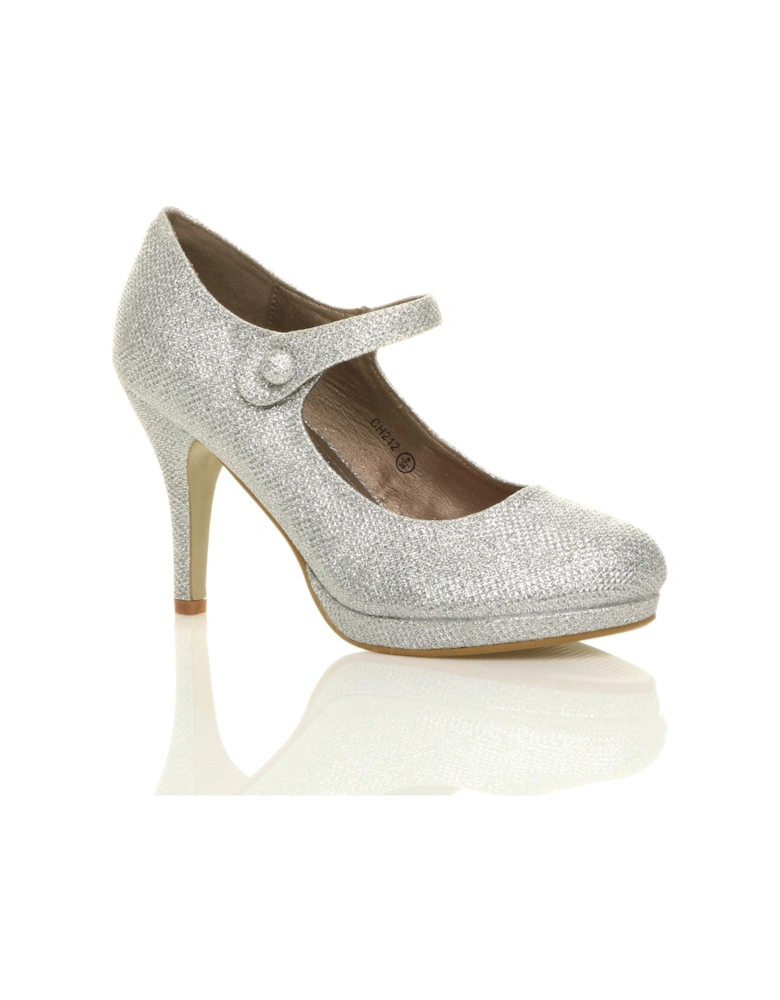 High Slim Heel Mary Jane Glitter Mesh Court Shoes