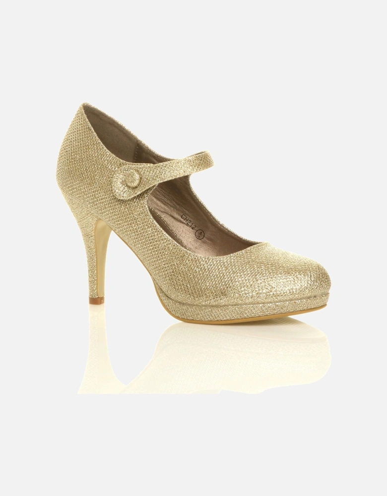 High Slim Heel Mary Jane Glitter Mesh Court Shoes