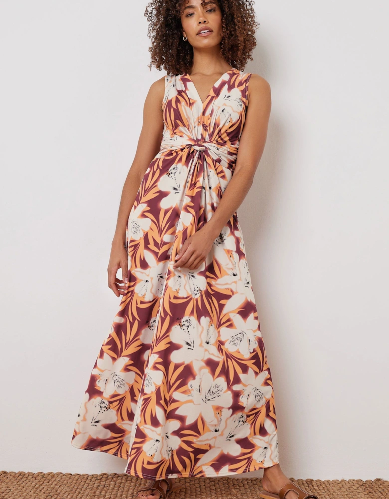 Tropical Print Knot Front Maxi Dress