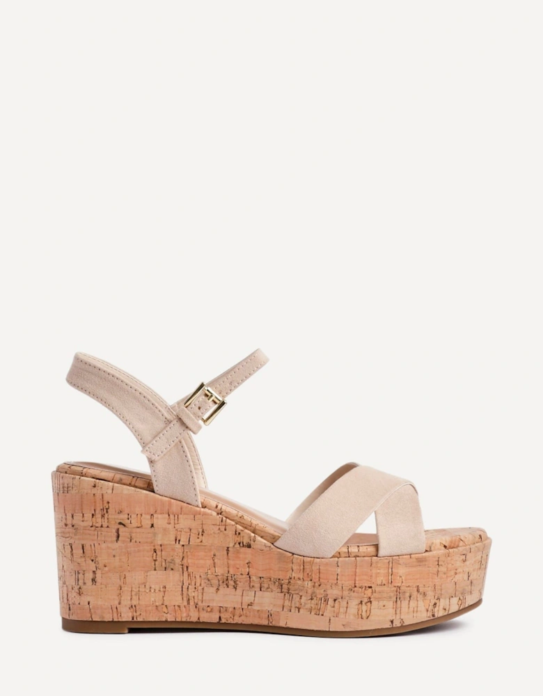 Vivid Nude Faux Suede Crossover Cork Wedge