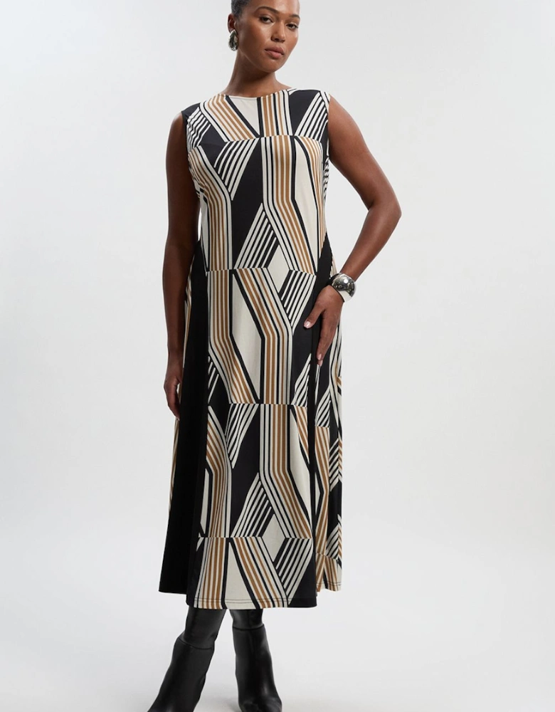 Plus Size Geo Print Crepe Pleated Maxi Dress