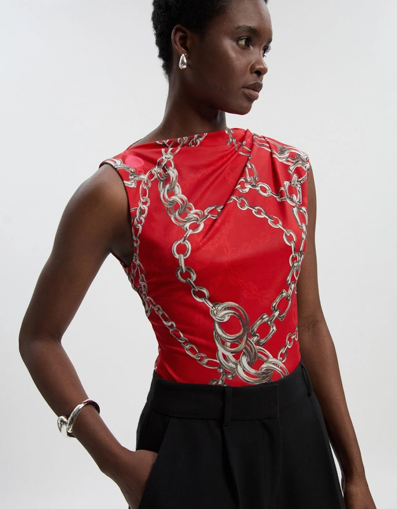 Chain Print Crepe Asymmetric Neck Sleeveless Top