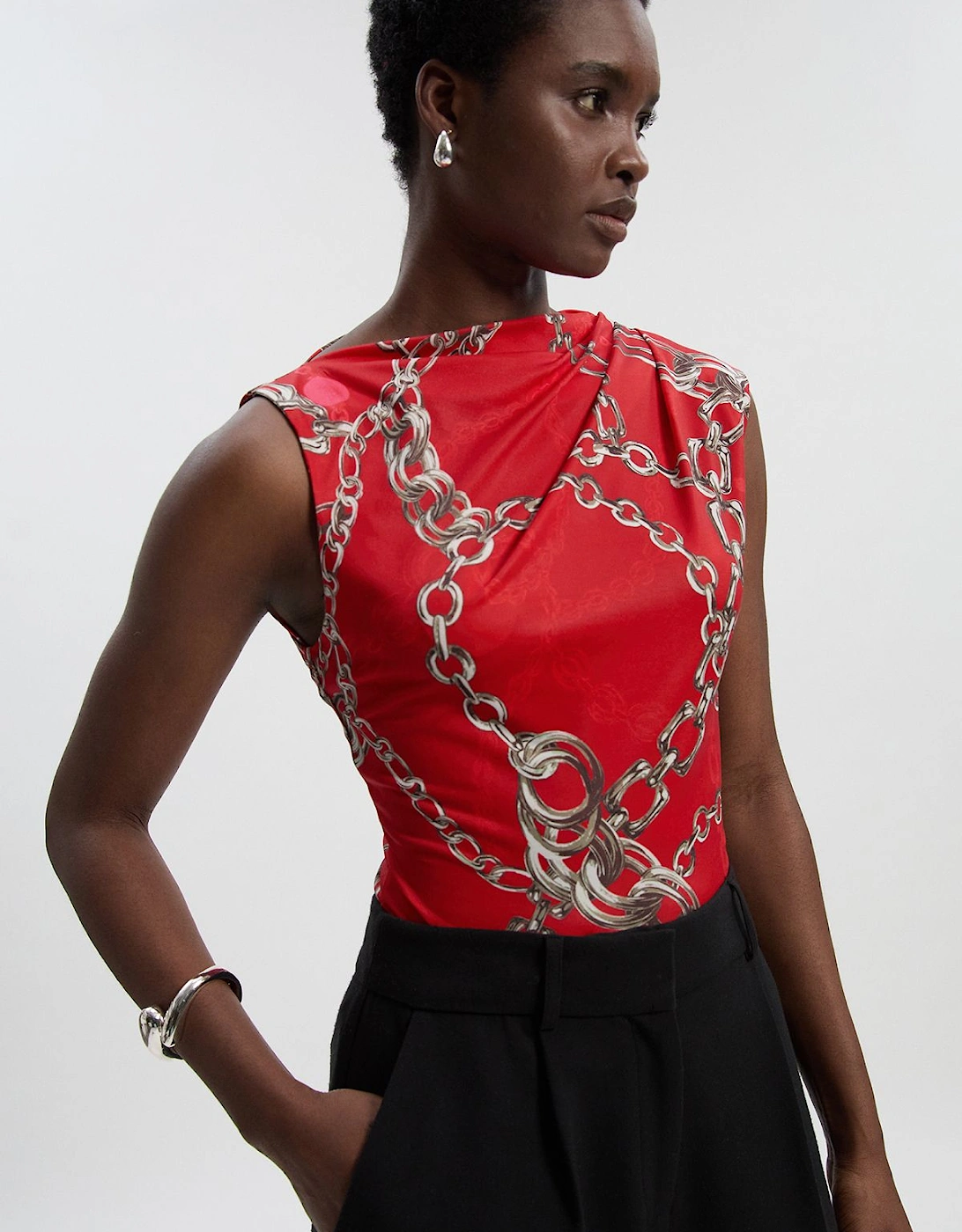 Chain Print Crepe Asymmetric Neck Sleeveless Top, 2 of 1