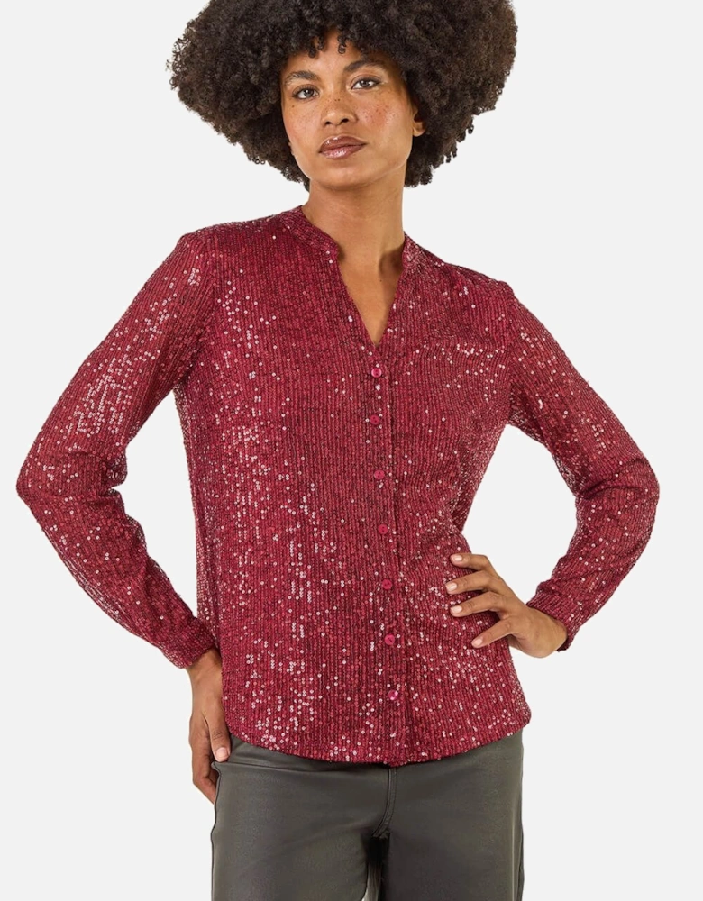 Sequin V-Neck Stretch Blouse