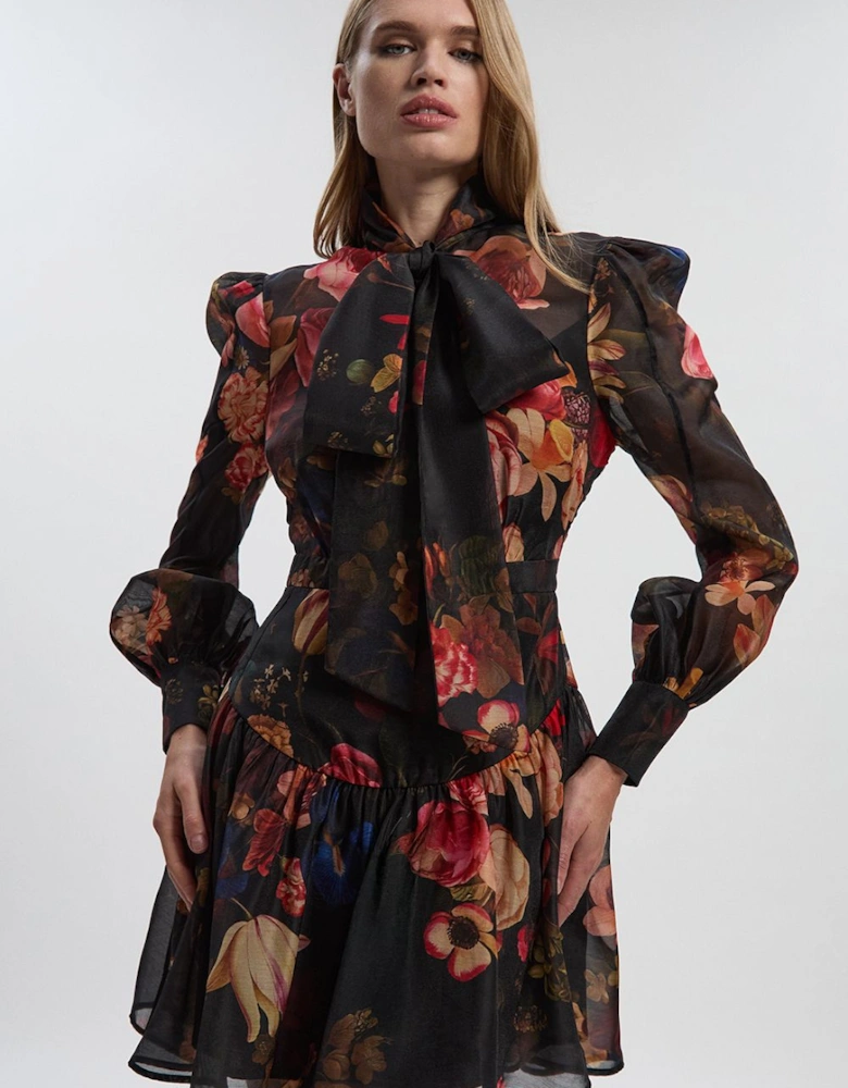 Floral Print Organdie High Neck Woven Mini Dress