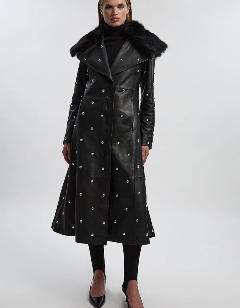 Leather & Shearling Collar Studded Belted Maxi Coat