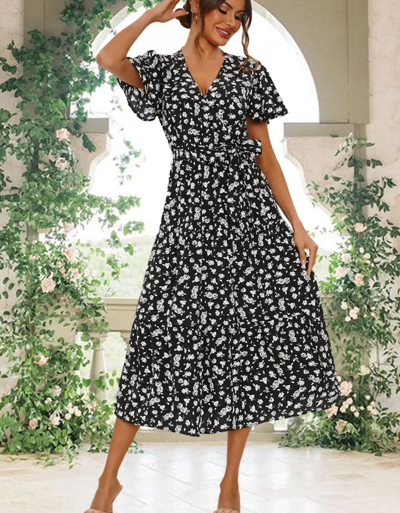 White Floral Print Hem Tiered Wrap Midi Dress In Black