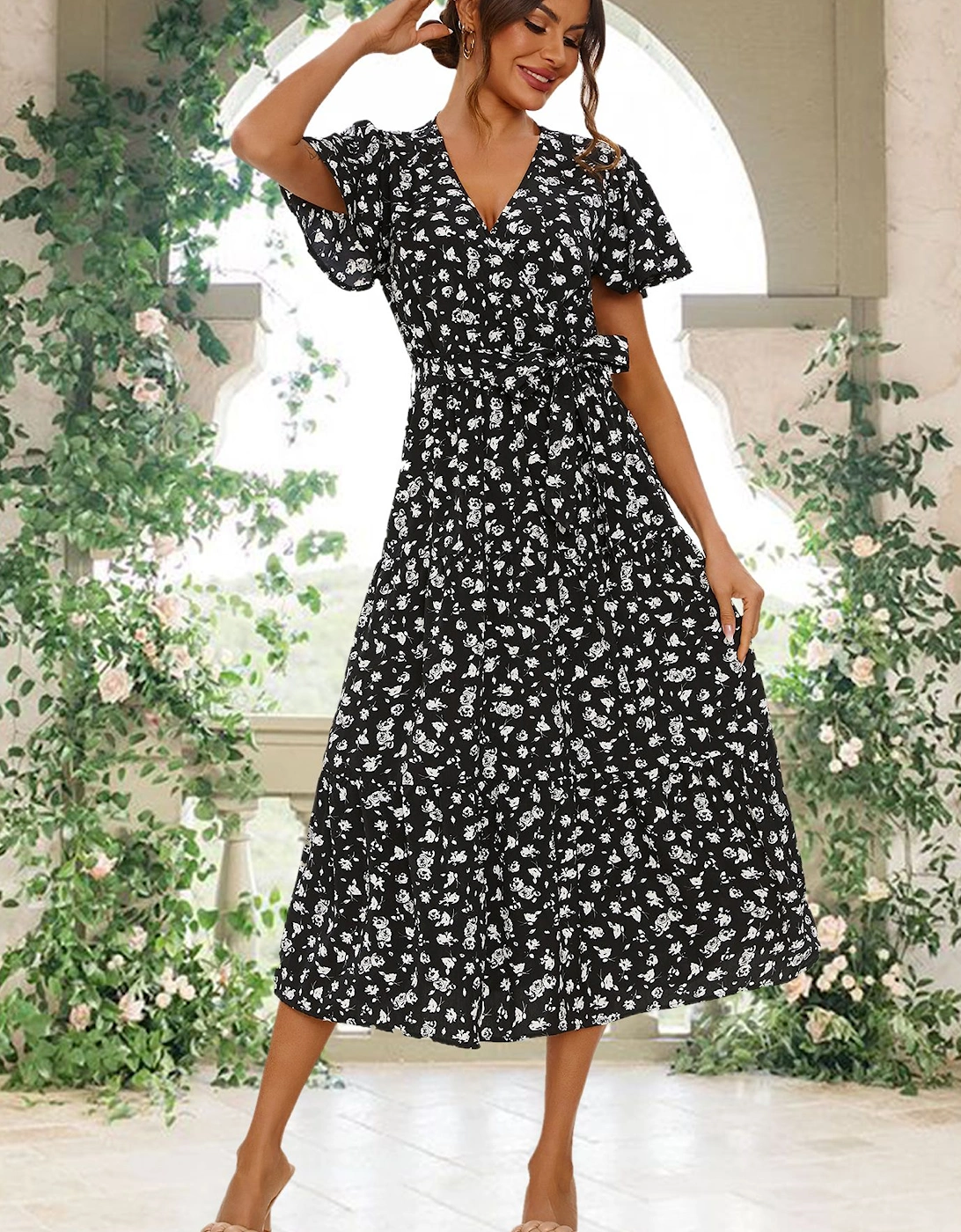 White Floral Print Hem Tiered Wrap Midi Dress In Black, 2 of 1