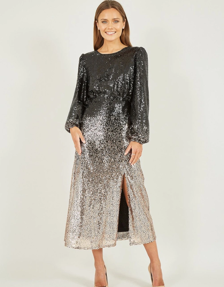 Black And Gold Sequin Ombre Long Sleeve Midi Dress