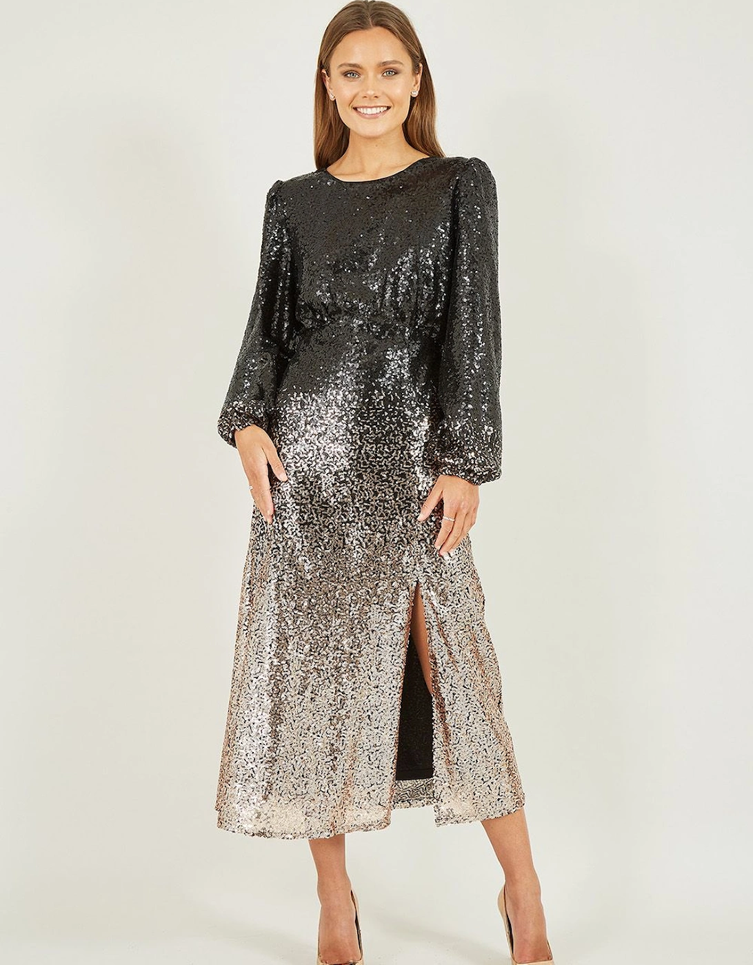 Black And Gold Sequin Ombre Long Sleeve Midi Dress, 2 of 1