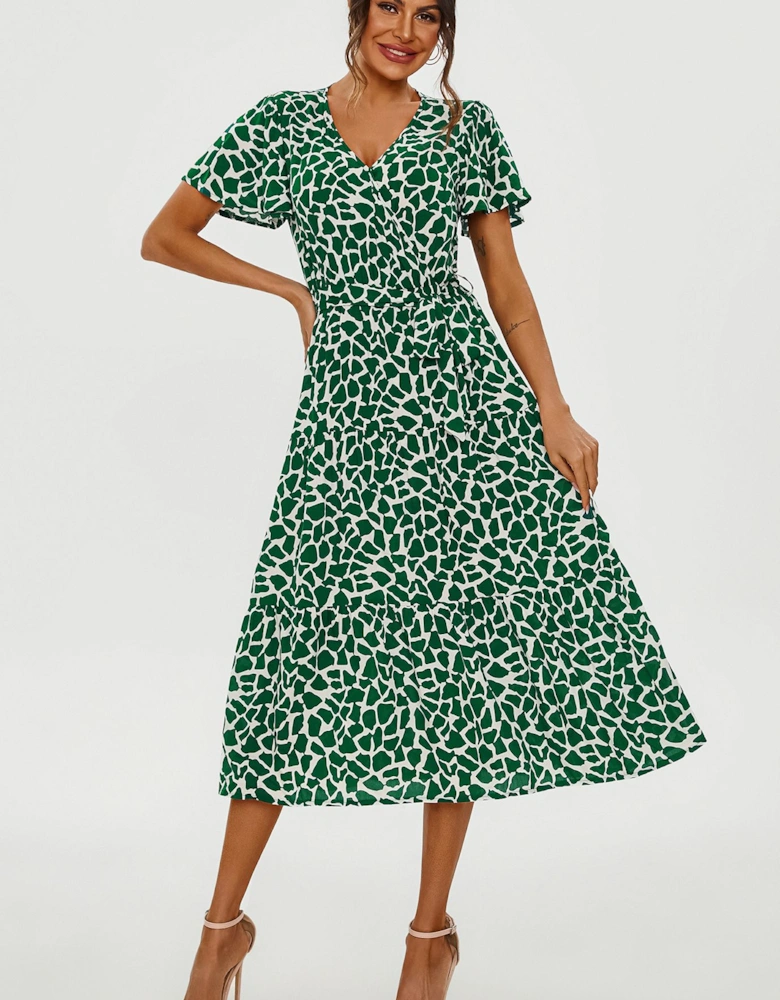 Geo Print Hem Tiered Wrap Midi Dress In Green