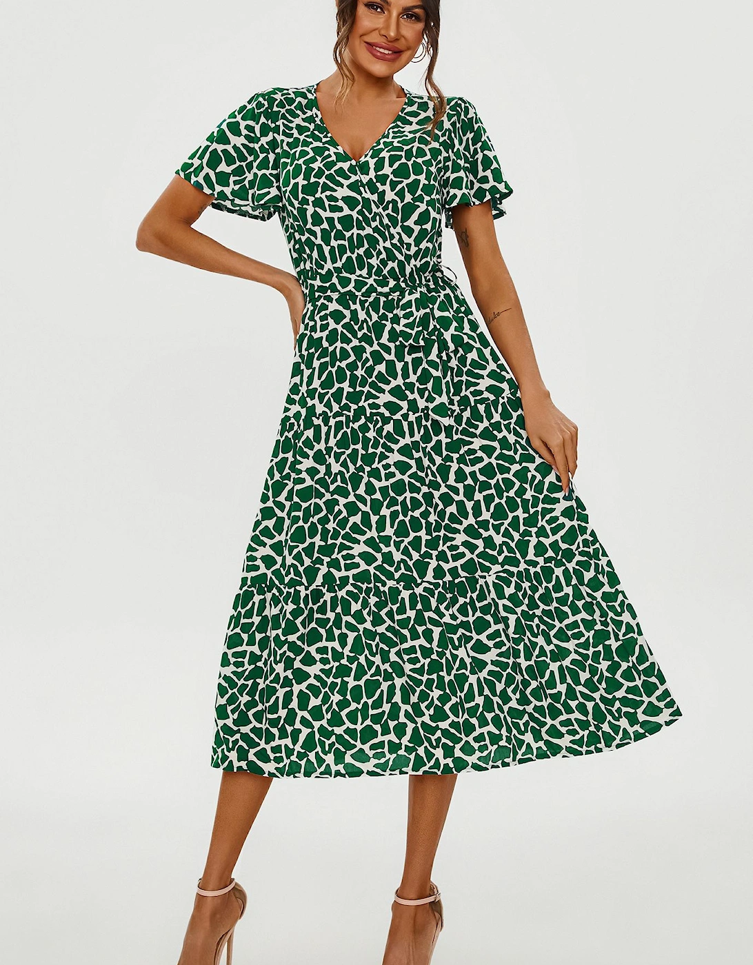 Geo Print Hem Tiered Wrap Midi Dress In Green, 2 of 1