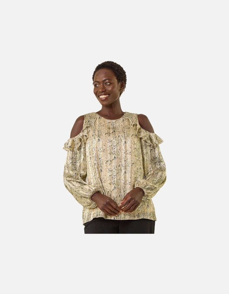 Snake Print Frill Cold Shoulder Top
