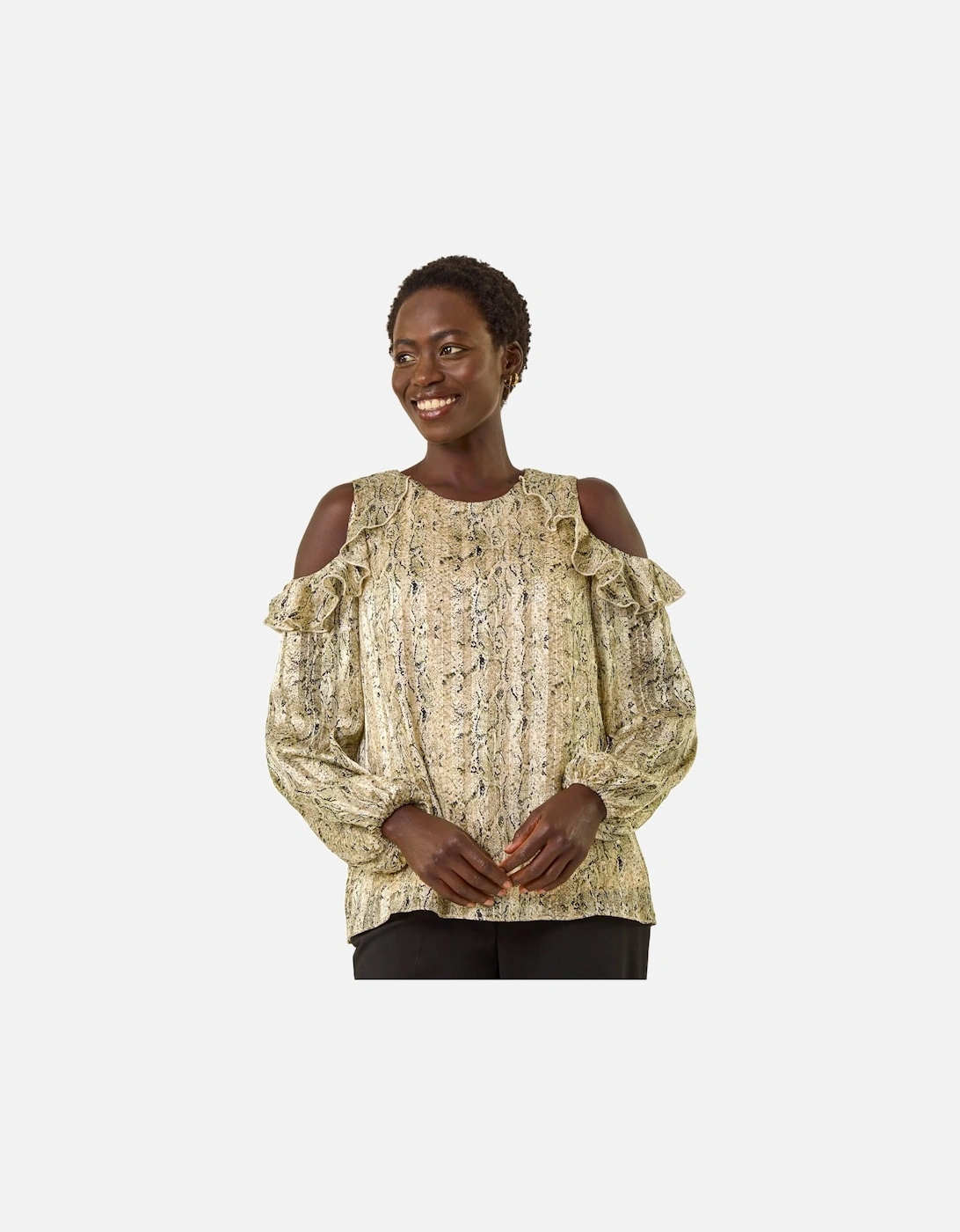 Snake Print Frill Cold Shoulder Top, 2 of 1