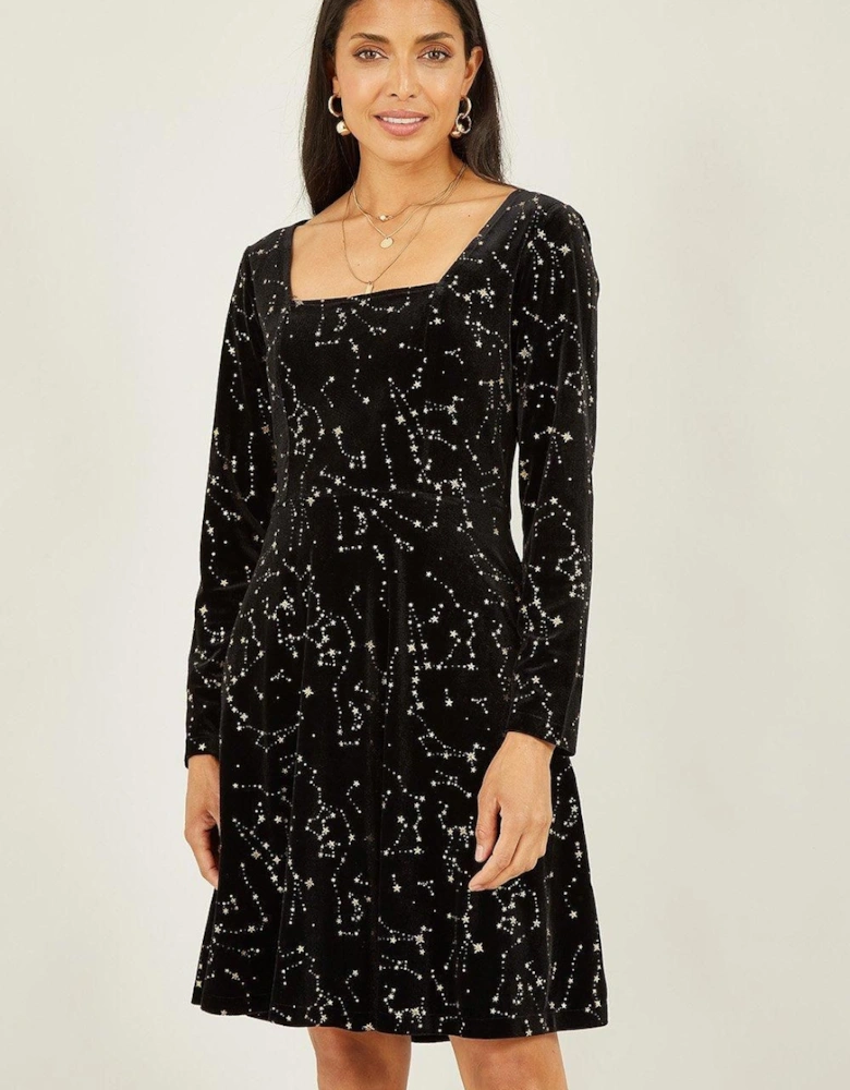 Black Star Foil Print Long Sleeve Skater Dress