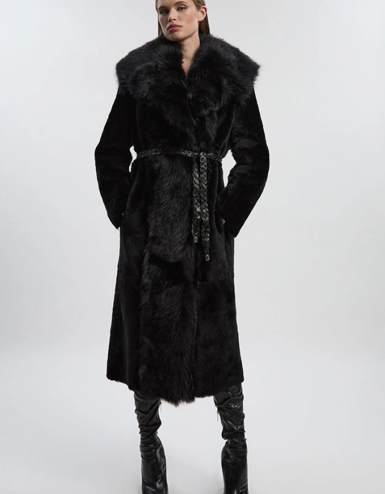 Reversible Shearling & Leather Belted Maxi Coat