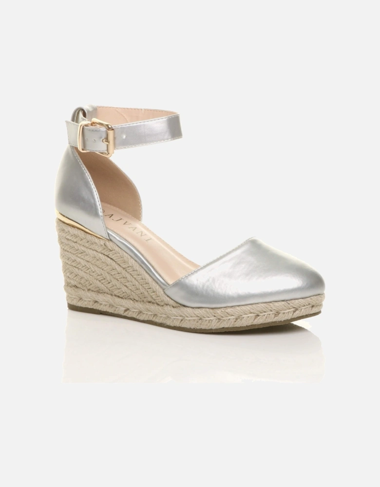 Mid Wedge Heel Ankle Strap Espadrille Faux Leather Heeled Sandals