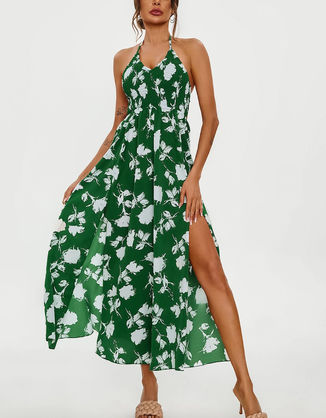 Floral Print Tie Halterneck Back Detail Maxi Dress In Green, 2 of 1
