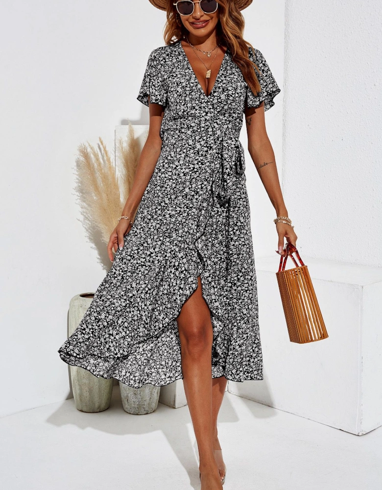 Floral Print Wrap Hem Midi Dress In Black