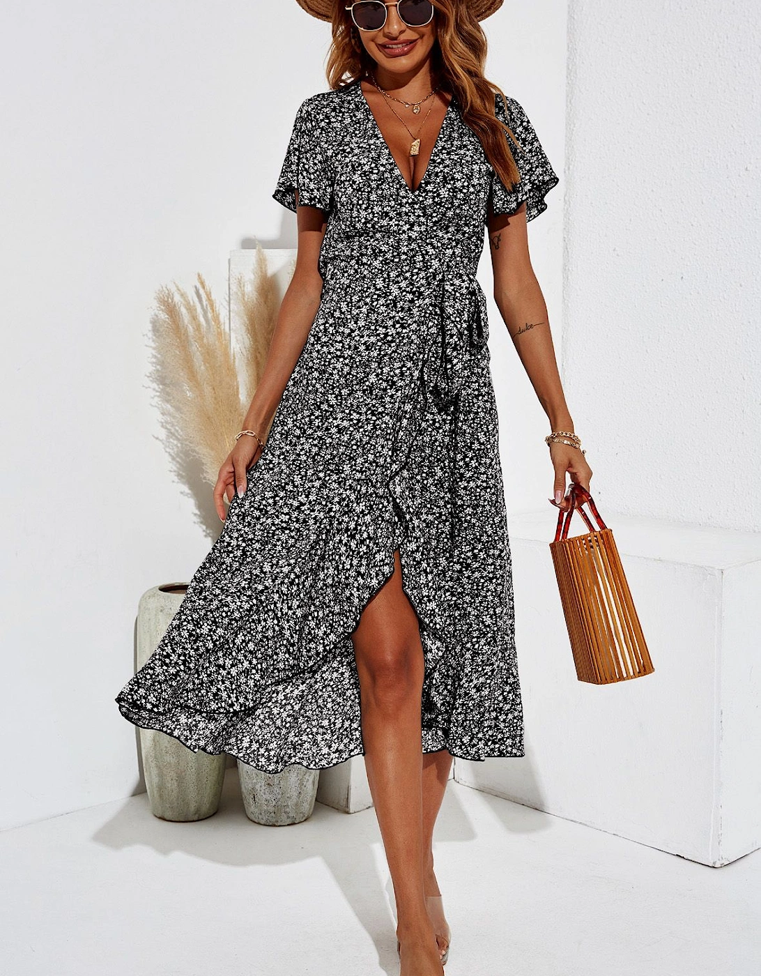 Floral Print Wrap Hem Midi Dress In Black, 2 of 1