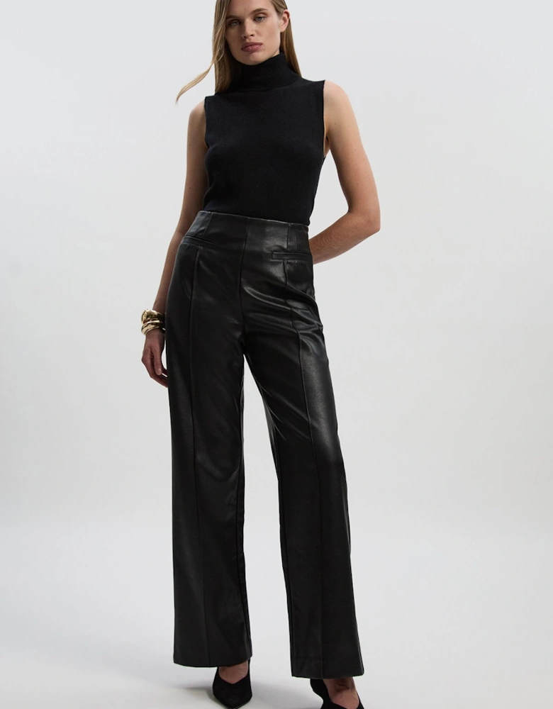 Faux Leather Seam Detail Wide Leg Tailored Trouser