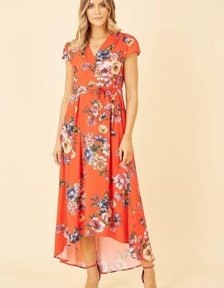 Orange Floral Wrap Dip Hem Dress