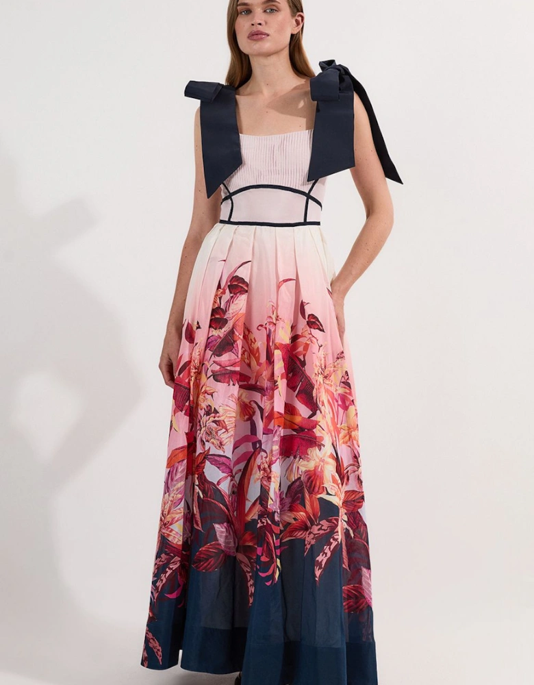 Tropical Floral Silk Cotton Woven Strappy Woven Maxi Dress