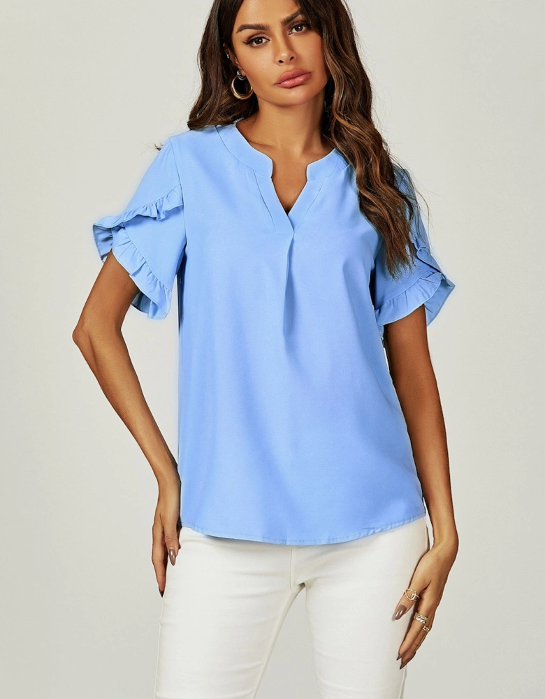 Frill Trim Detail Short Sleeve Blouse Top In Light Blue