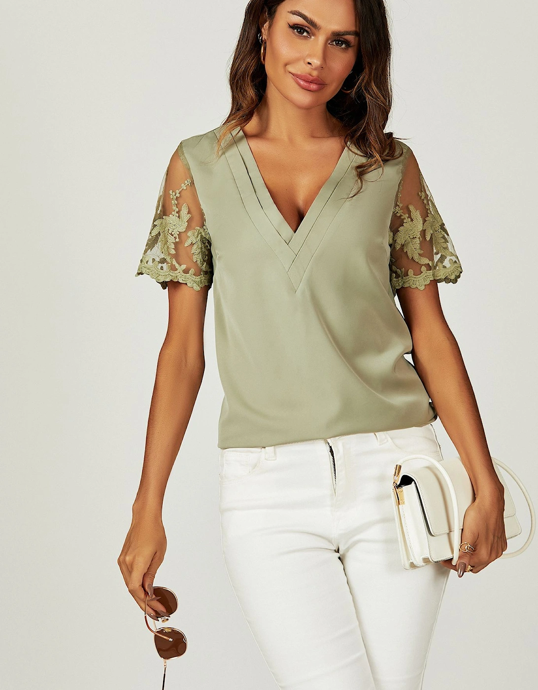 Lace Short Sleeve v Neck Blouse Top In Olive, 2 of 1