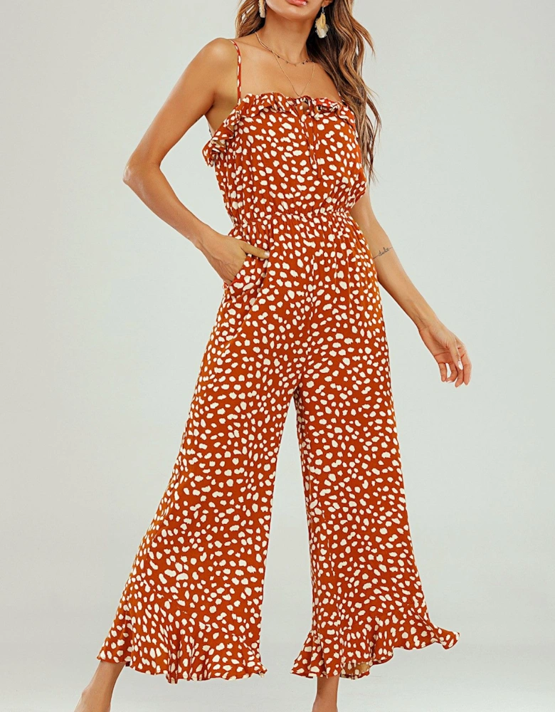 Ruffle Detail Jumpsuit In Orange Spot Print