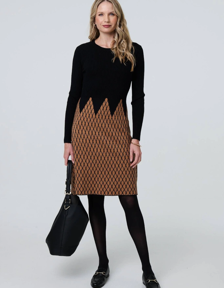 Printed Long Sleeve Jumper Midi Dress