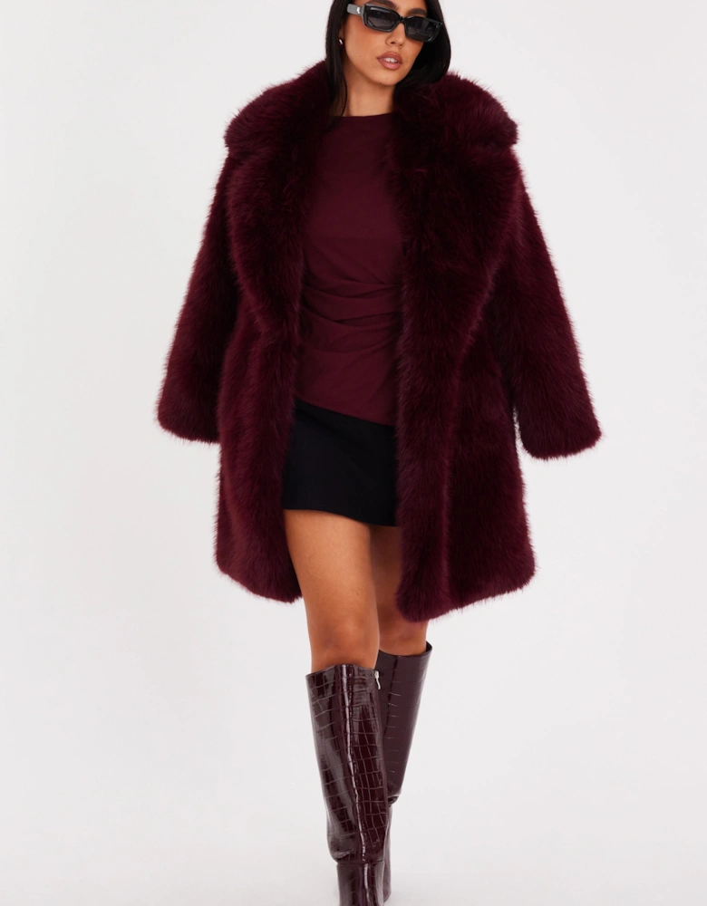 Burgundy Faux Fur Longline Coat