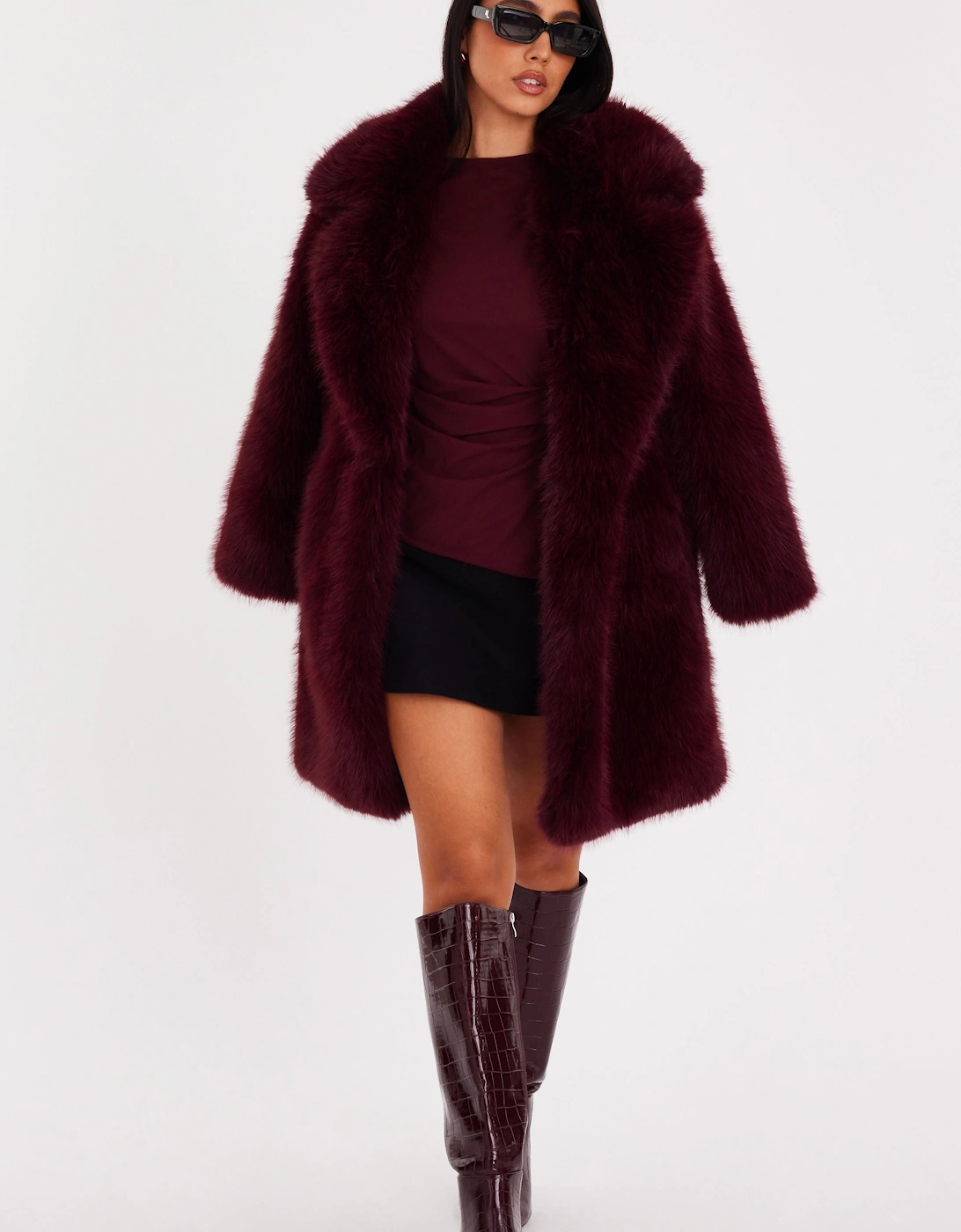 Burgundy Faux Fur Longline Coat, 2 of 1