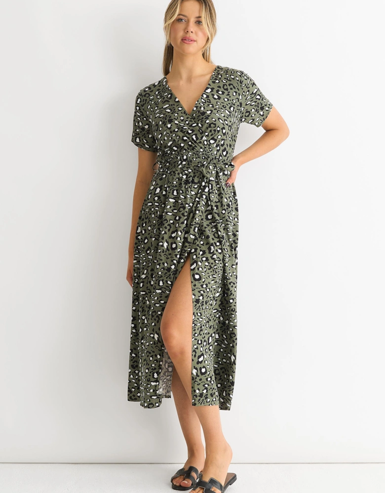 Short Sleeve Animal Print Wrap Front Midi Dress