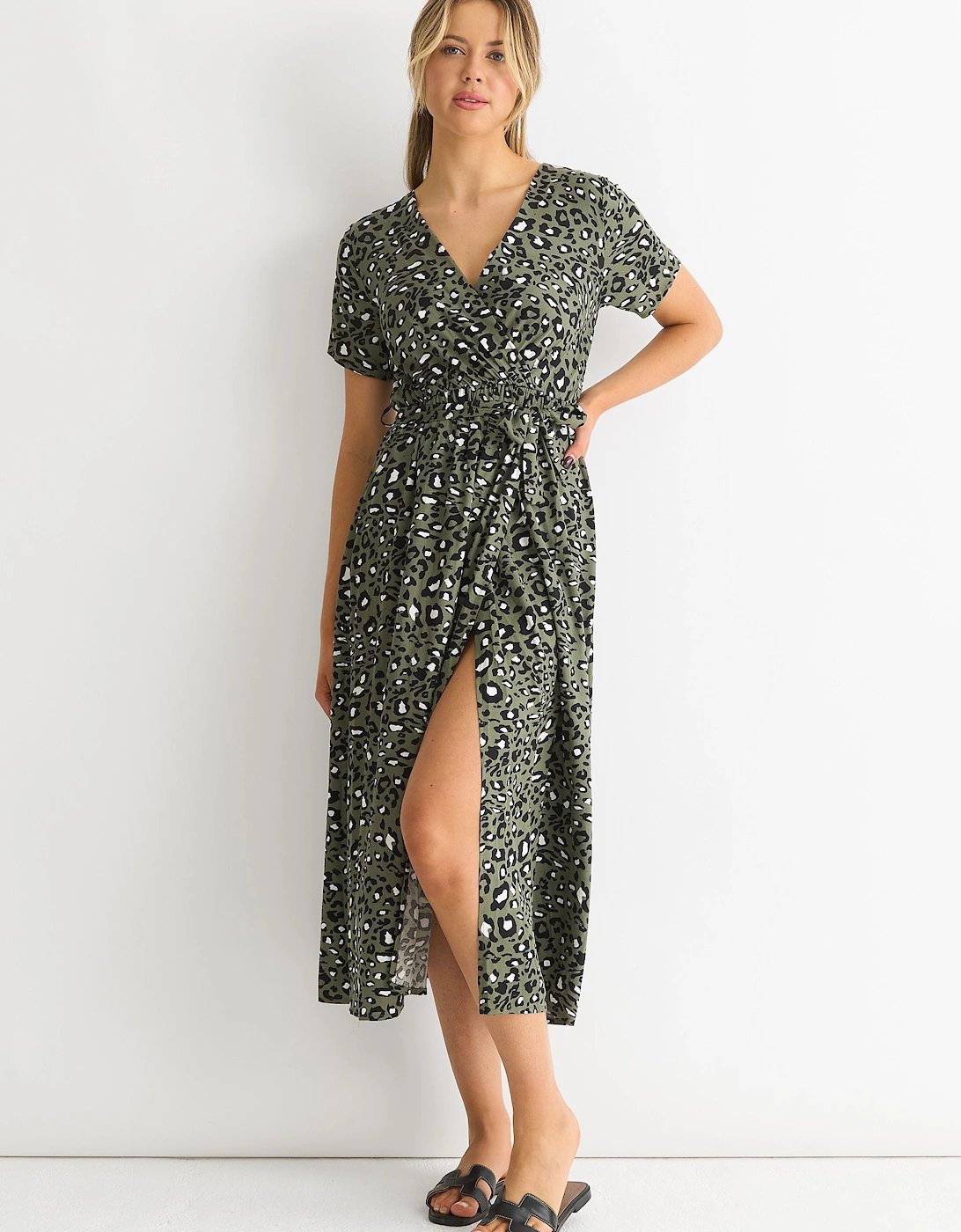 Short Sleeve Animal Print Wrap Front Midi Dress, 2 of 1