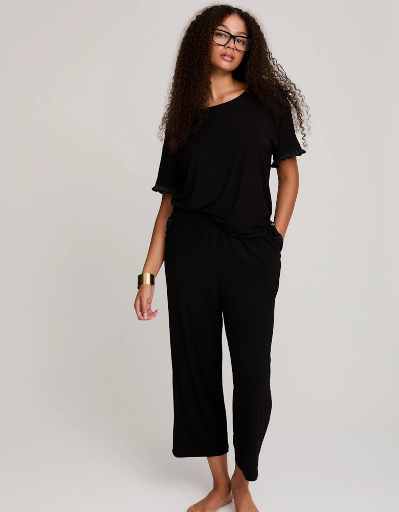 Bamboo Frill Tee Trouser Set in Black