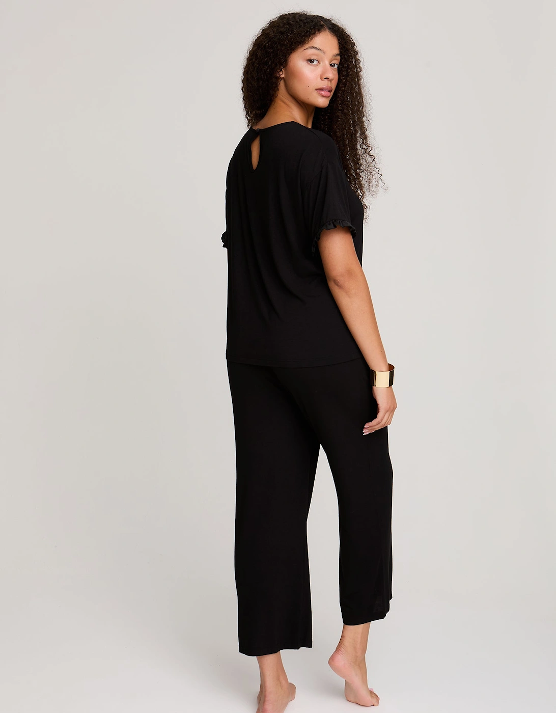Bamboo Frill Tee Trouser Set in Black