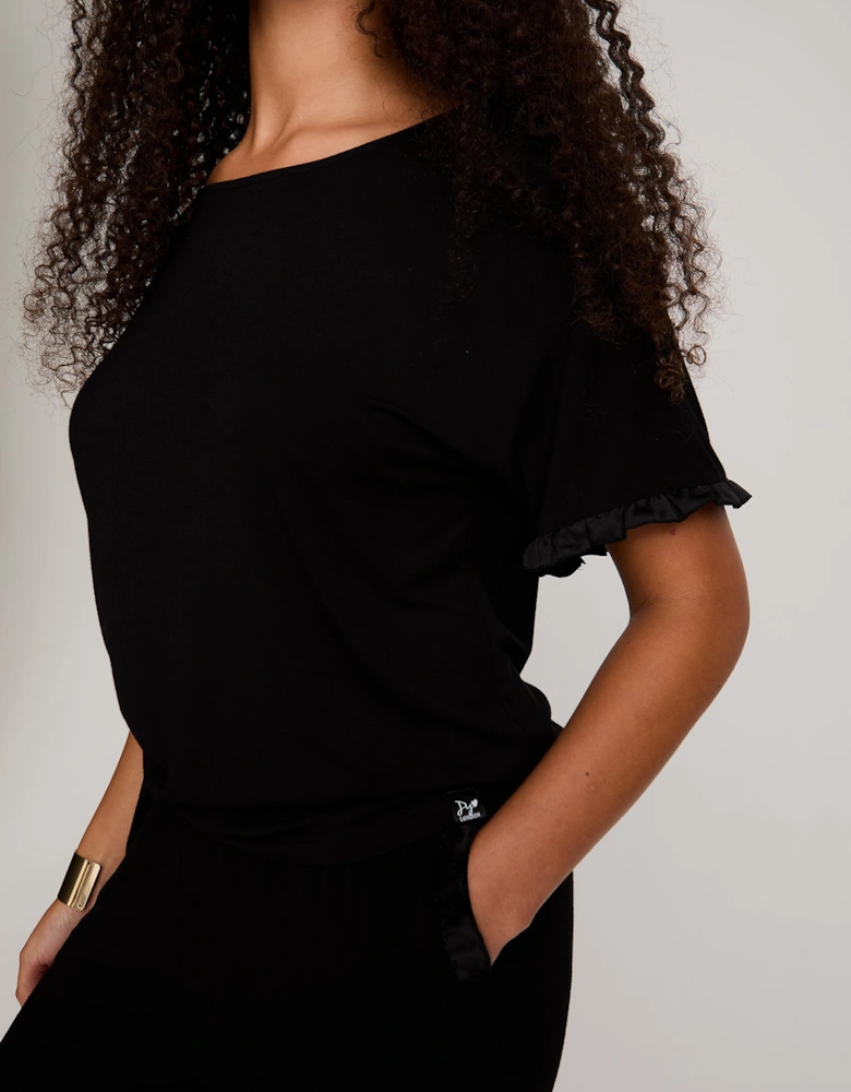 Bamboo Frill Tee Trouser Set in Black