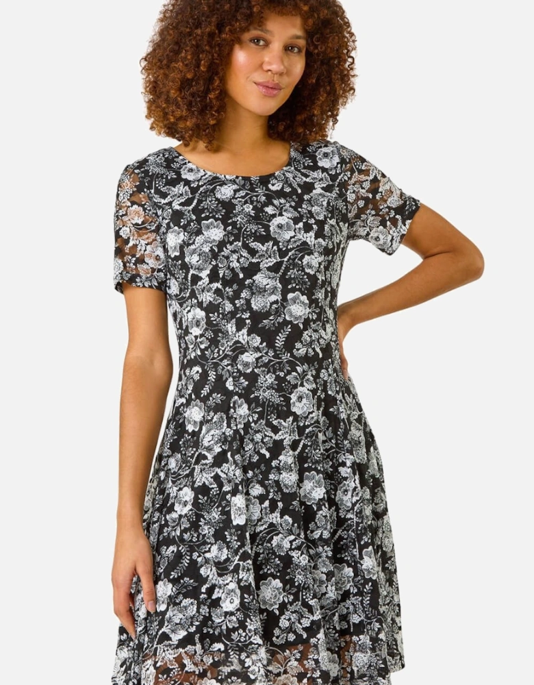 Rose Print Lace Stretch Dress