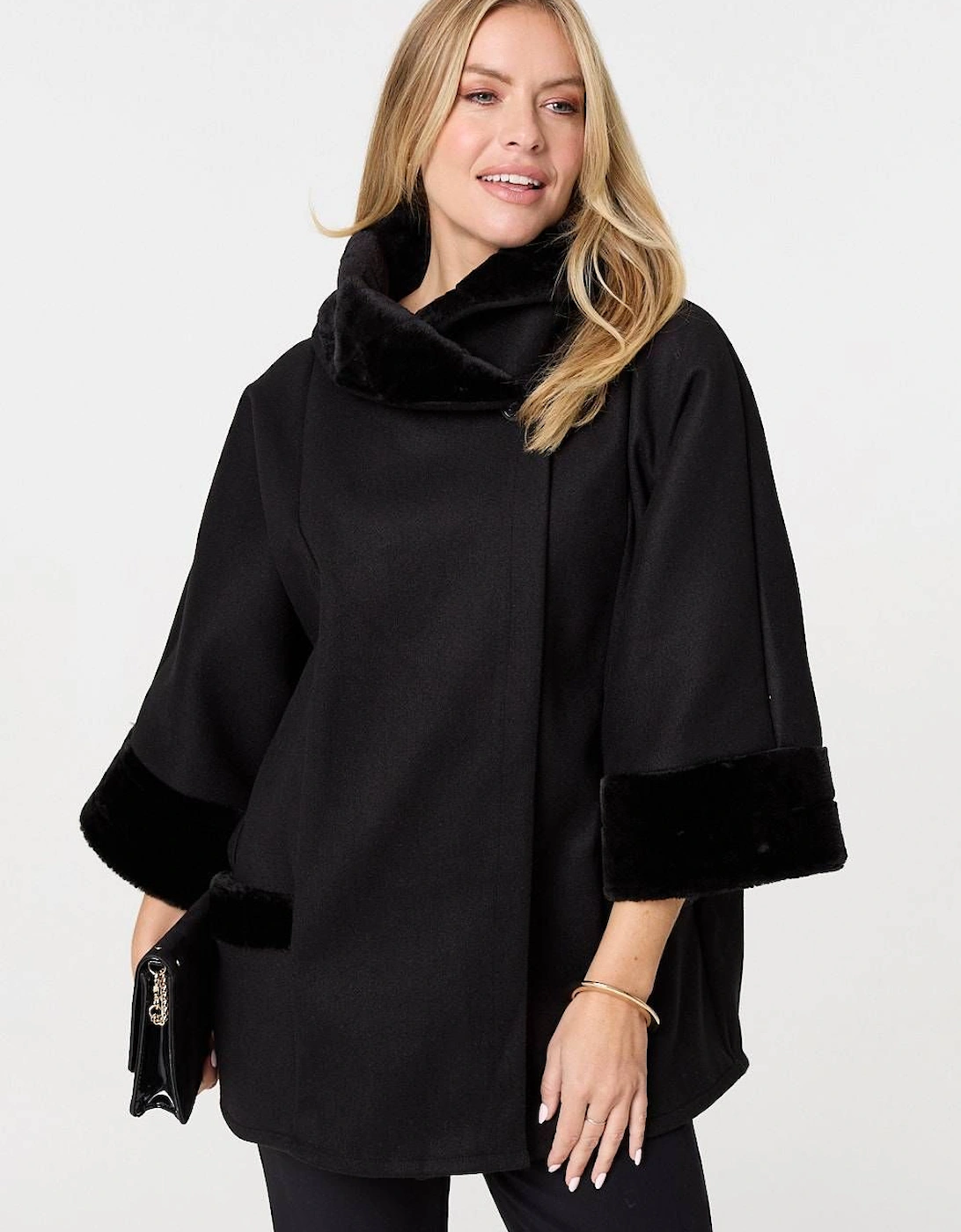 Faux Fur Trim 3/4 Sleeve Cape Coat, 2 of 1