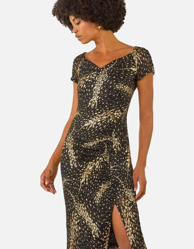 Foil Print Lace Ruched Dress