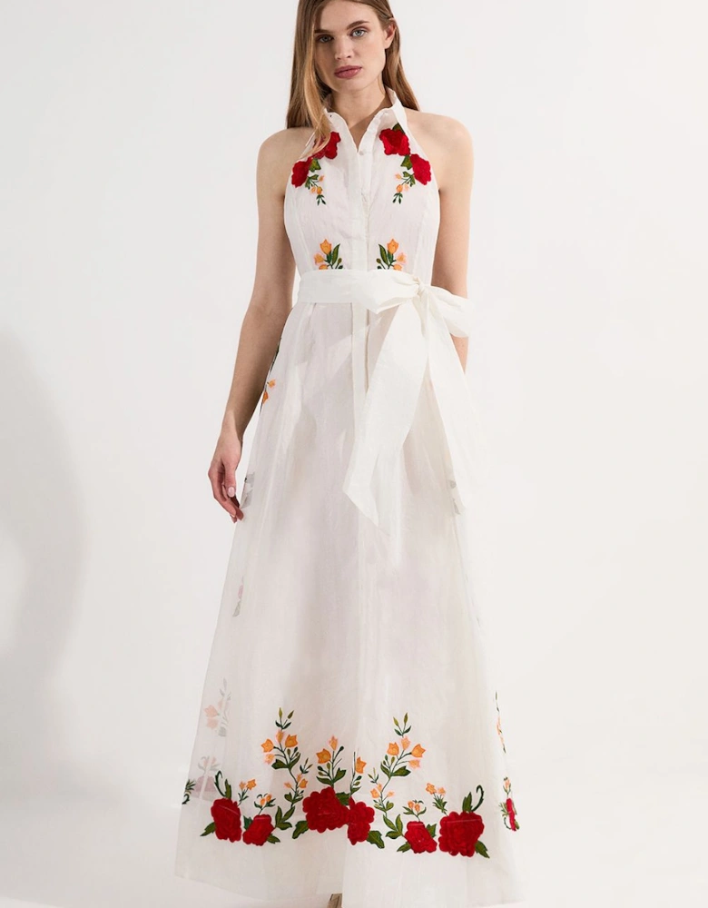 Rose Embroidered Cotton Organdie Midi Halter Dress