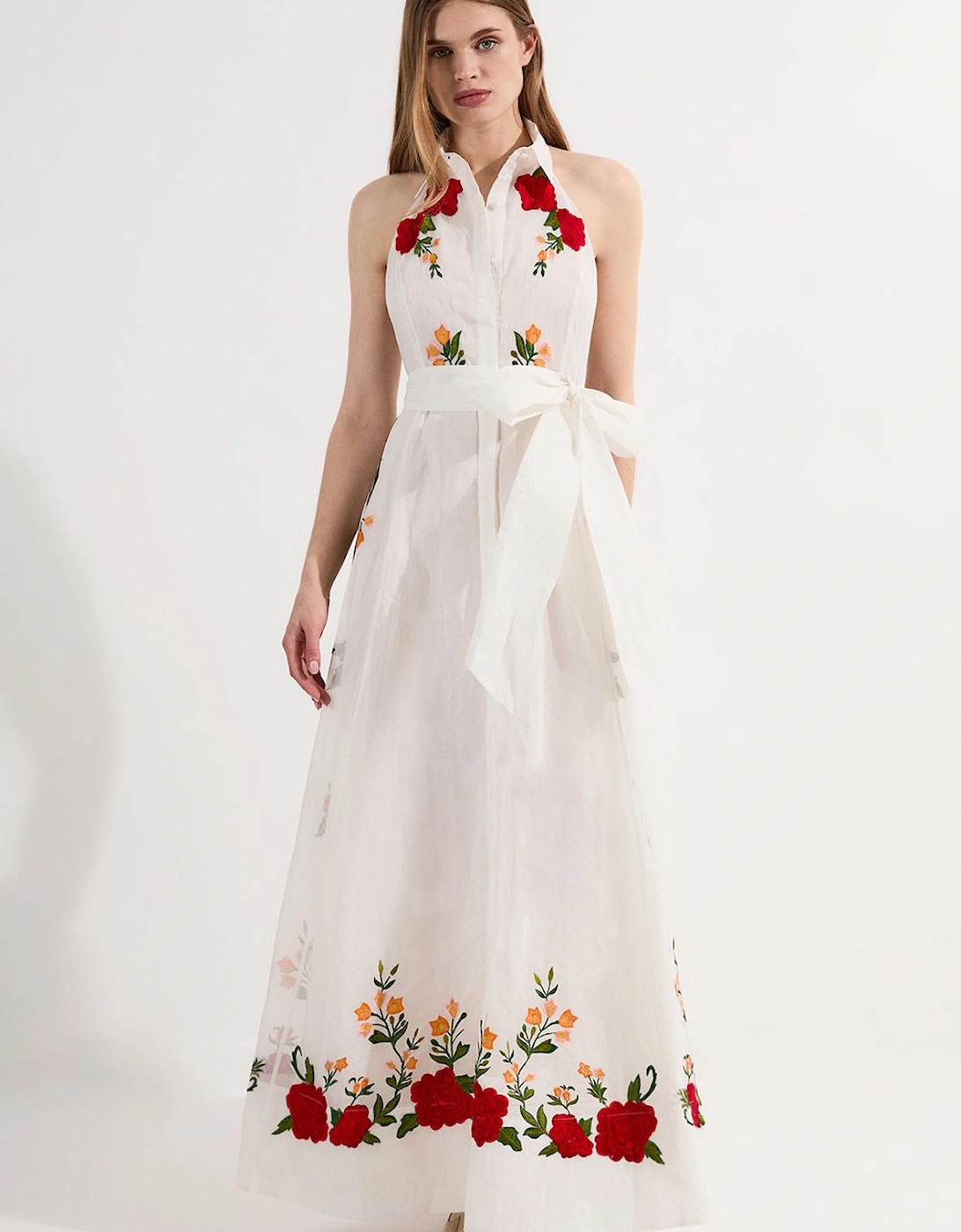 Rose Embroidered Cotton Organdie Midi Halter Dress, 2 of 1