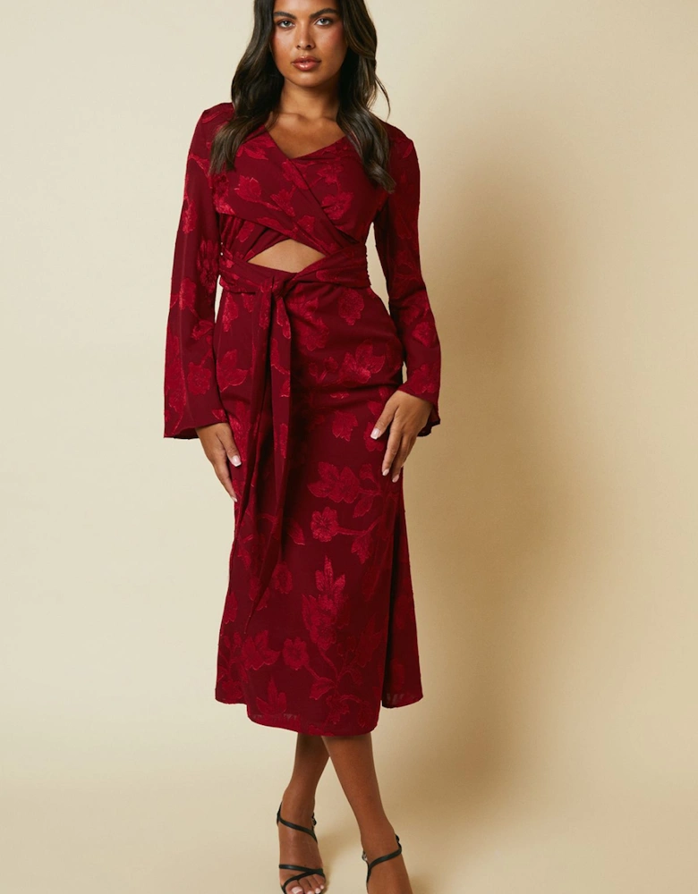 Debut London By Coast Long Sleeve Wrap Waist Satin Jacquard Midi Dress