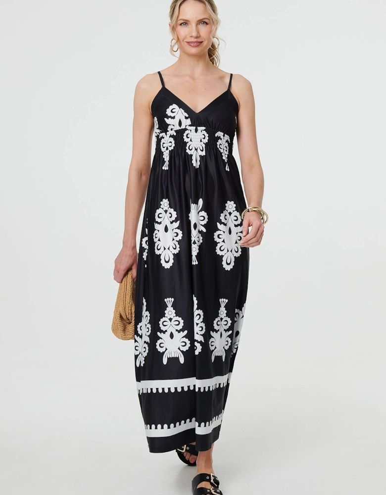 Ikat Print Sleeveless Shirred Maxi Dress