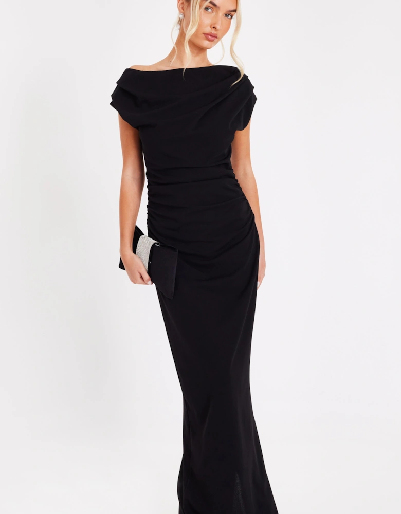 Black Asymmetric Ruched Maxi Dress